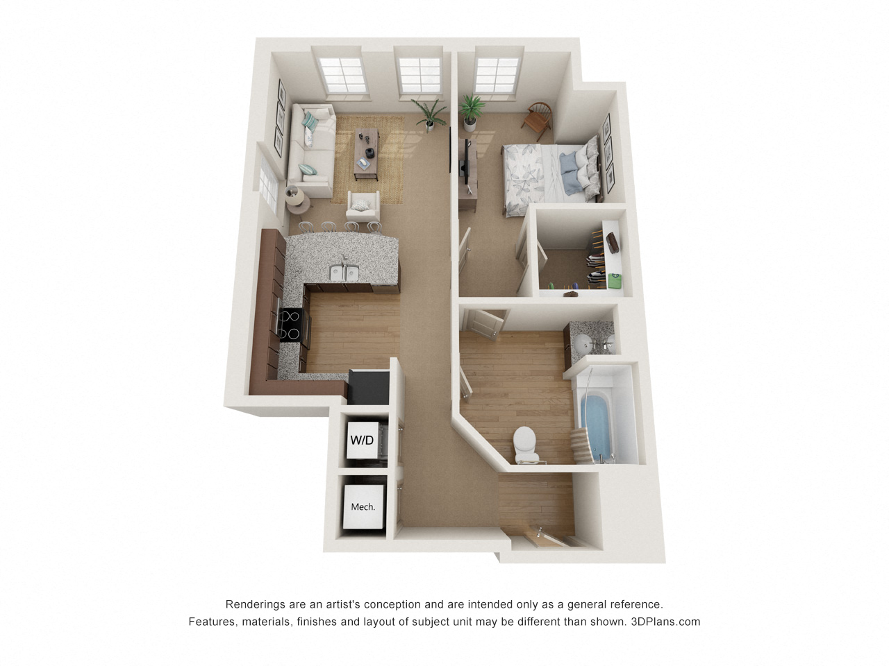 Floor plan for 1 bed, 1 bath, 676 sqft